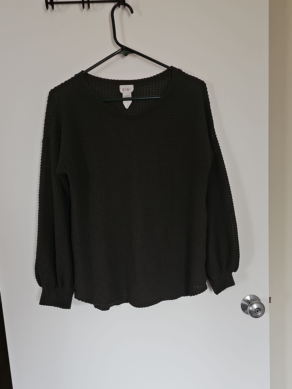 BiBi Black Waffle-Knit Crewneck Sweater with Balloon Sleeves